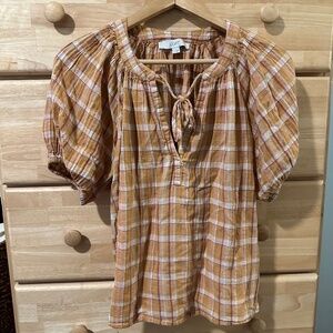 Short/Puff Sleeve Tie-Neck Blouse